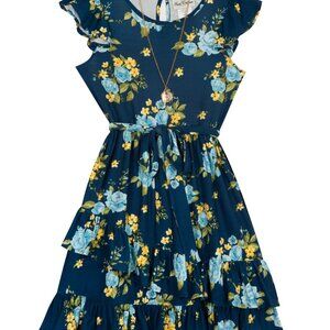 NWT Rare Editions Big Girls Tiered Belted Dress with Necklace 14